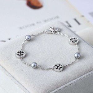Tory Burch Silver Crystal Logo Pearl Bracelet